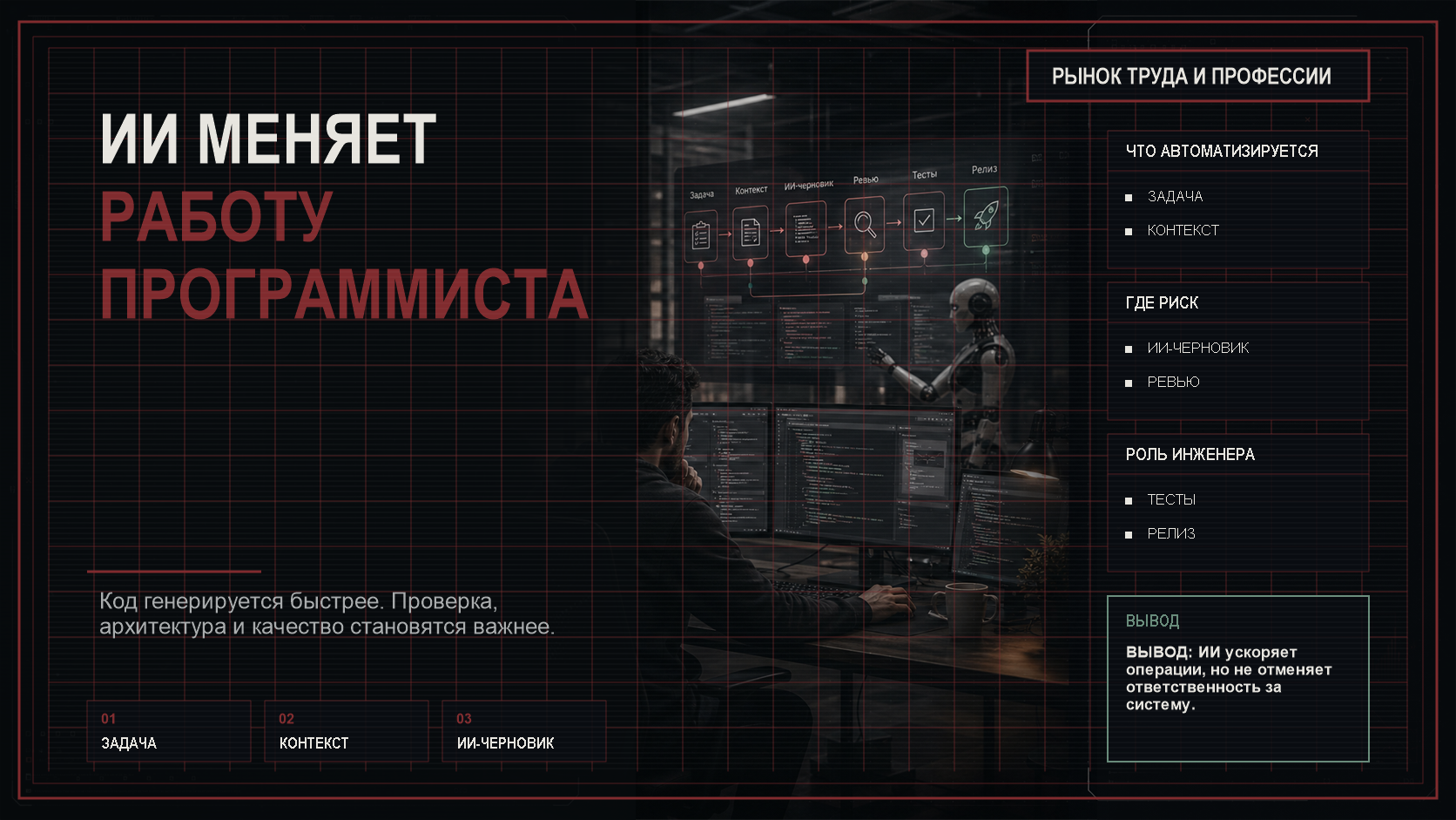 Тёмная технологическая обложка с крупным заголовком об изменении работы программиста и инфографическим дашбордом разработки с ИИ