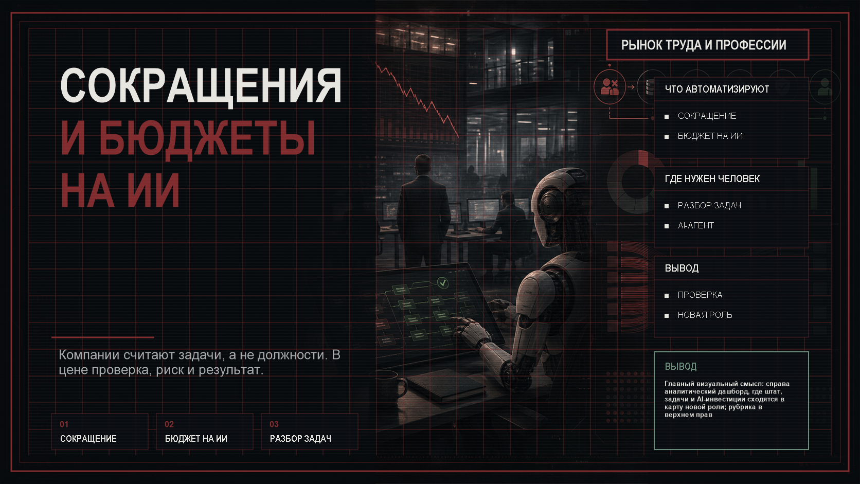 Тёмная кибер-инфографика о сокращениях, AI-бюджетах и пересборке рабочих задач