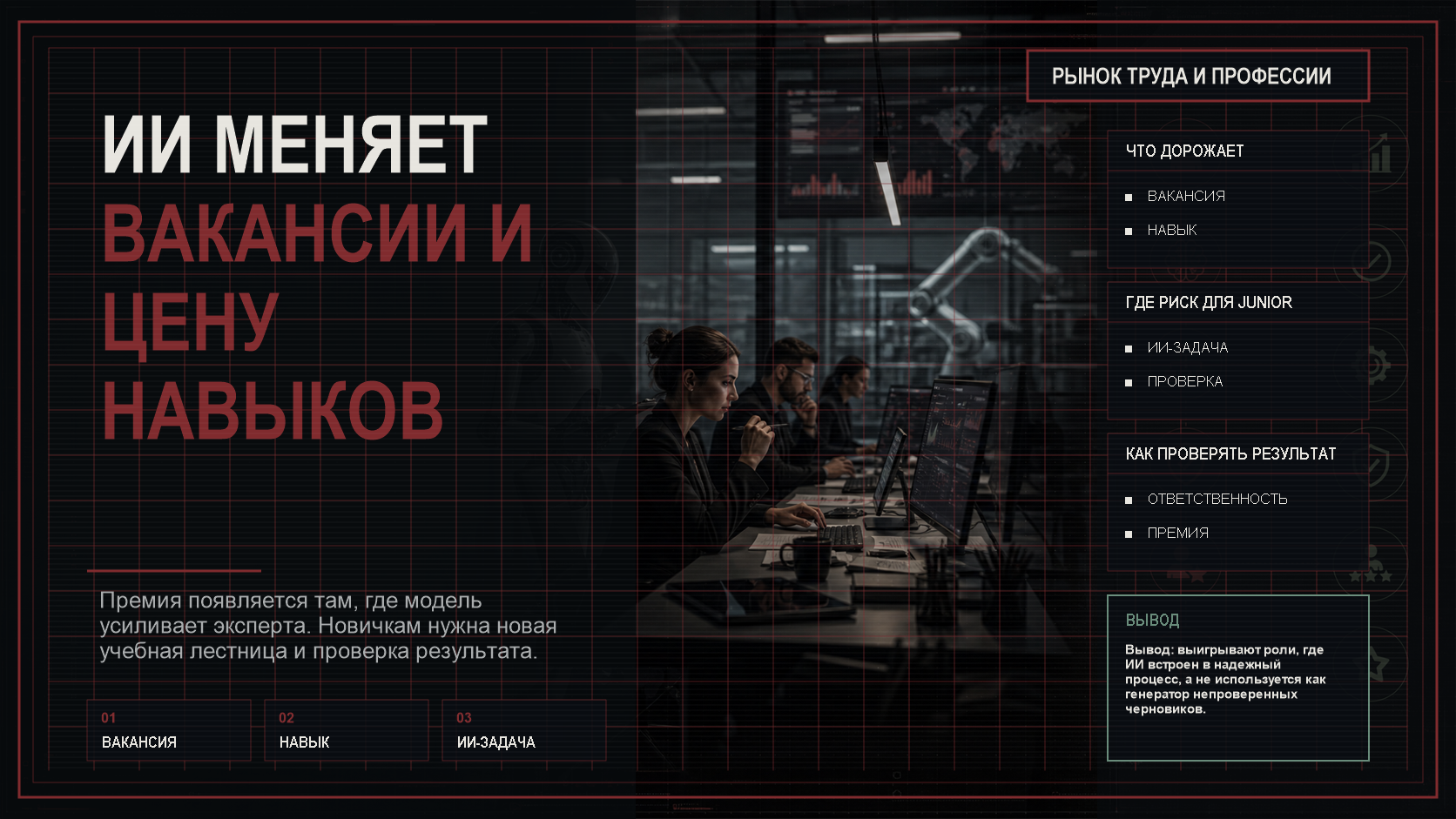 Темная технологическая обложка с крупным заголовком «ИИ меняет вакансии и цену навыков», схемой рынка труда, AI-фильтром, панелями навыков и блоком вывода