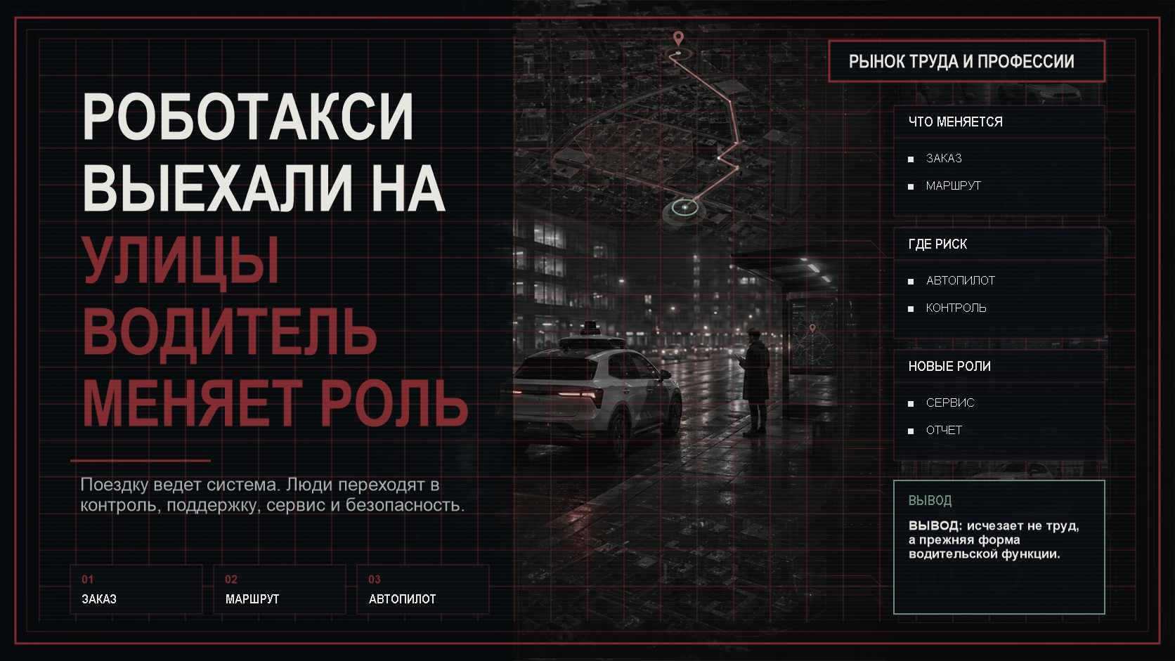Темная кибер-инфографика о роботакси: слева крупный заголовок, справа дашборд автономной поездки, удаленной поддержки, сервиса и безопасности.
