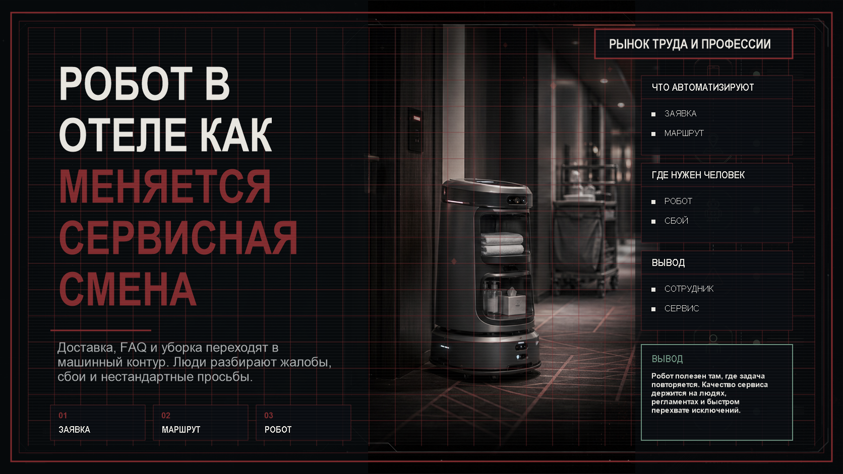 Темная технологичная обложка с гостиничным роботом, схемой сервисной смены и аналитическими панелями о задачах сотрудников отеля