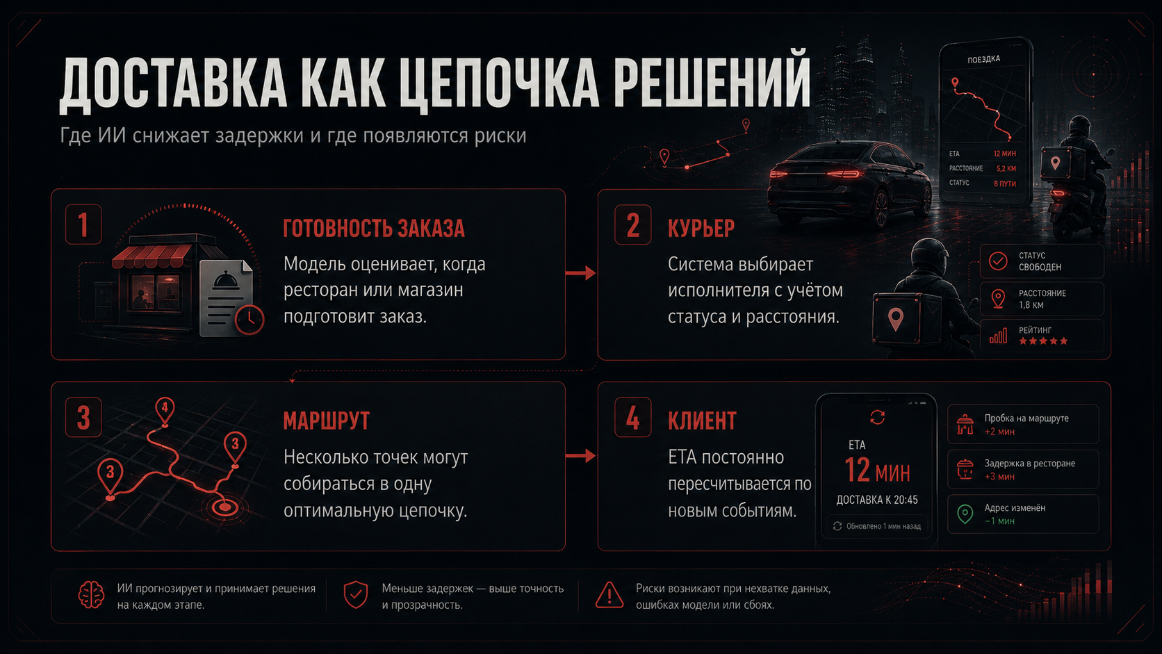 Инфографика цепочки решений в доставке еды и товаров