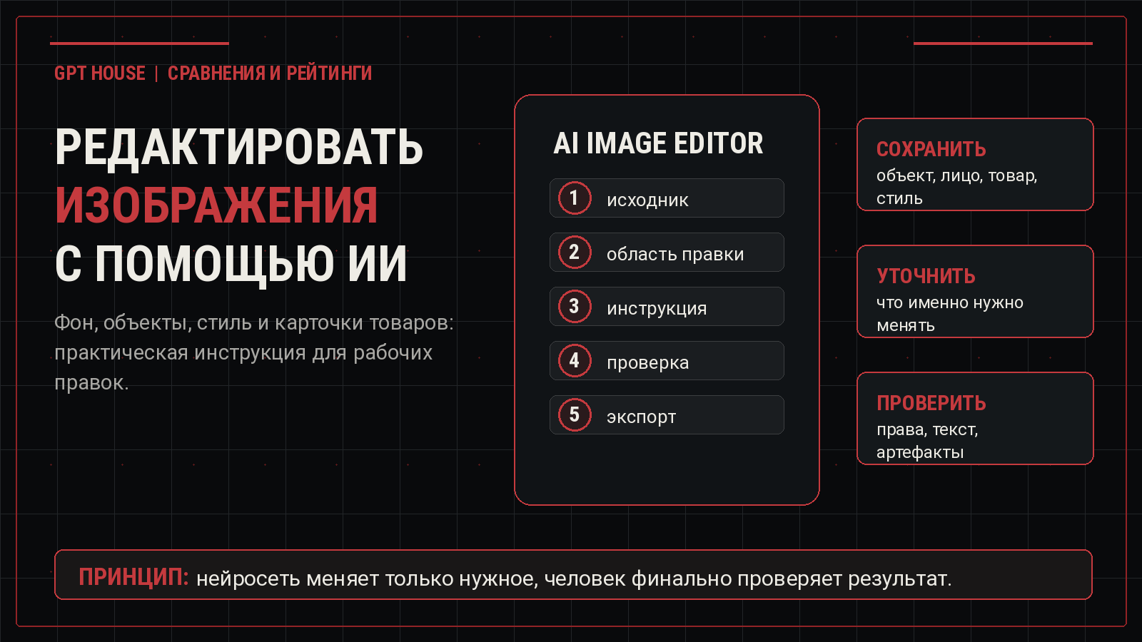 Обложка статьи о редактировании изображений нейросетью в тёмном техно-стиле