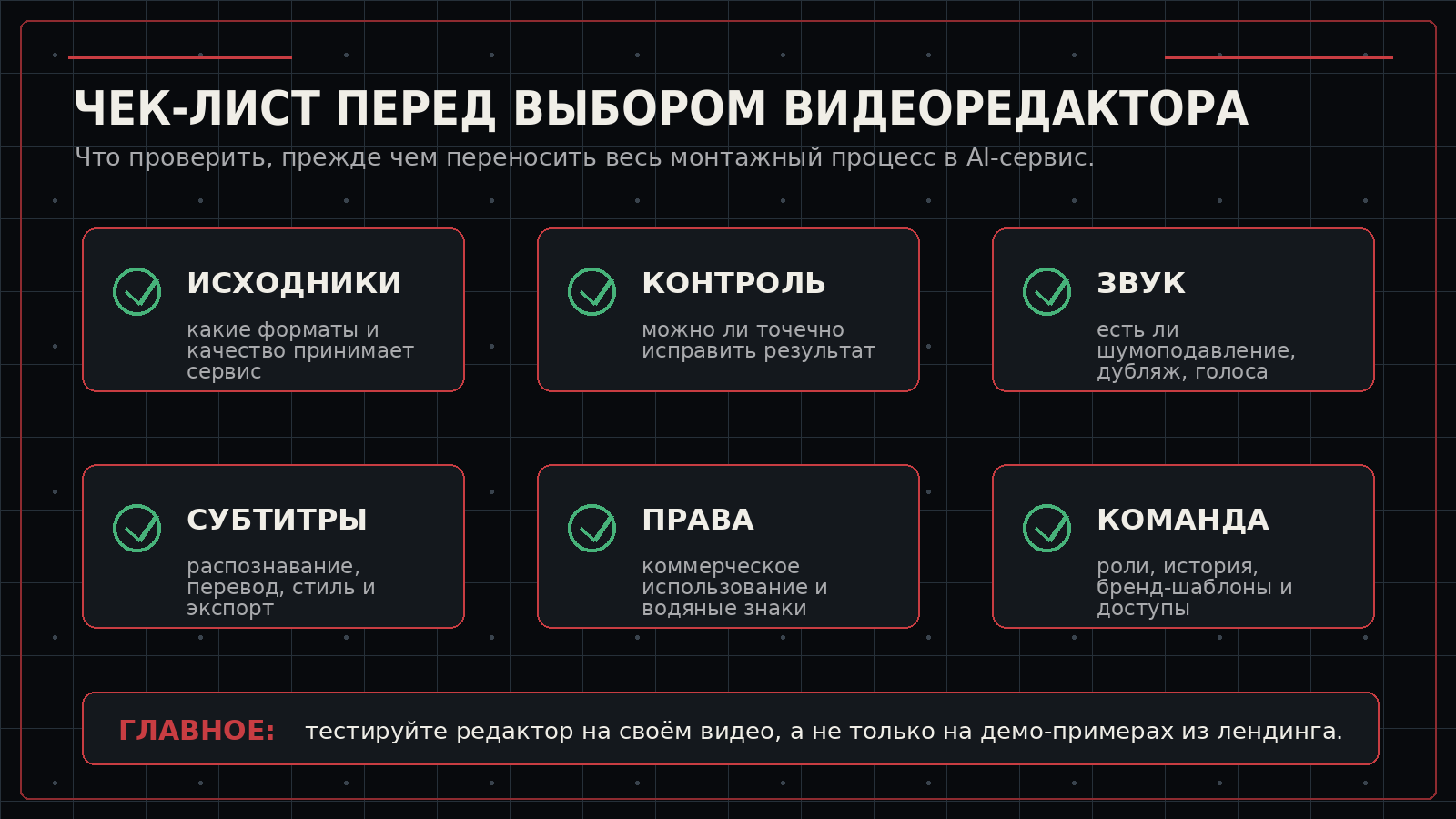 Чек-лист выбора AI-видеоредактора перед переносом рабочего процесса