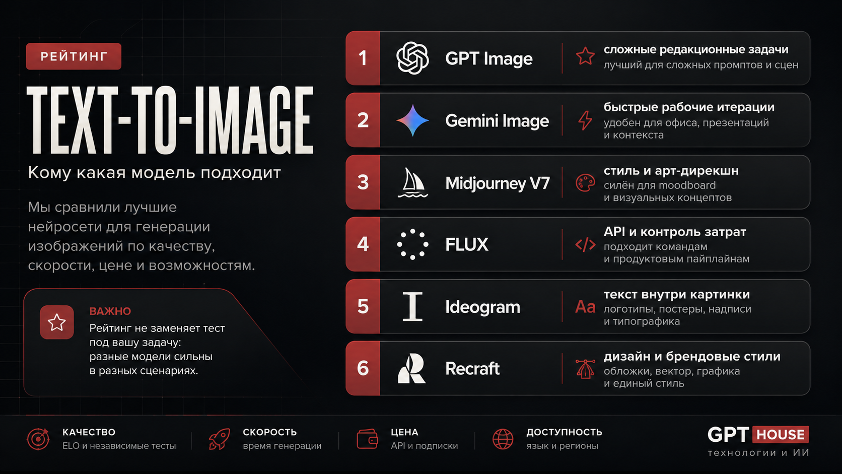 Сравнительная таблица Text-to-Image моделей по сильным сторонам и сценариям выбора