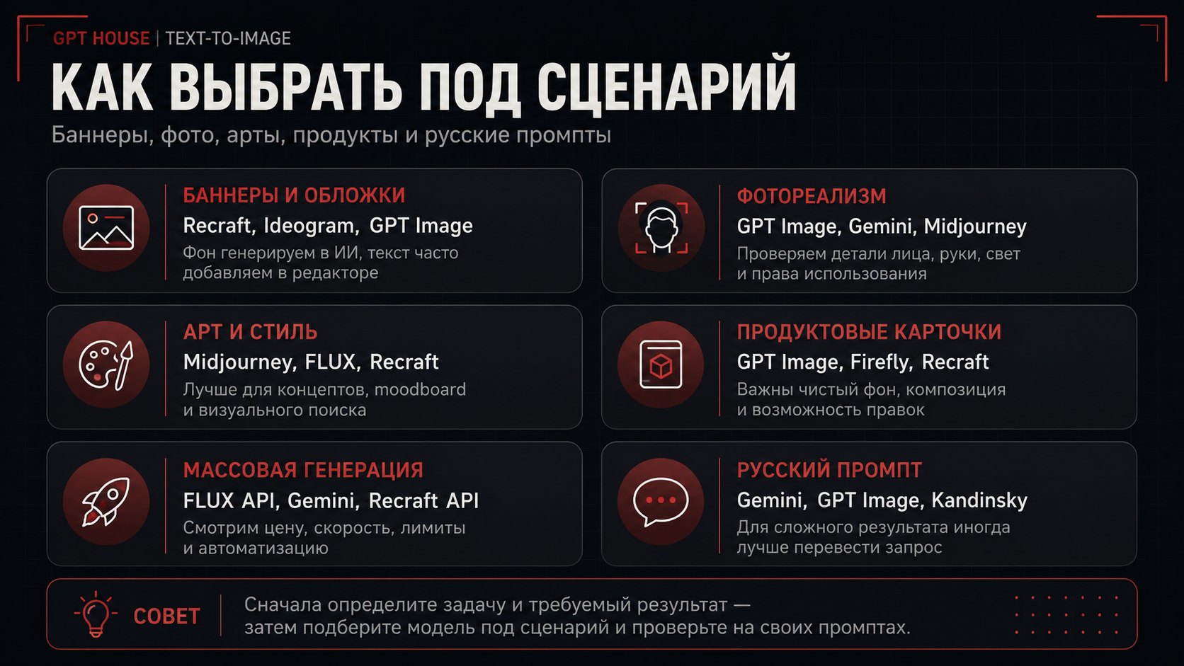 Матрица выбора нейросети для баннеров фото иллюстраций продуктов и русских промптов