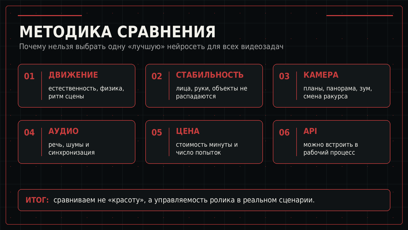 Инфографика с методикой сравнения Text-to-Video моделей