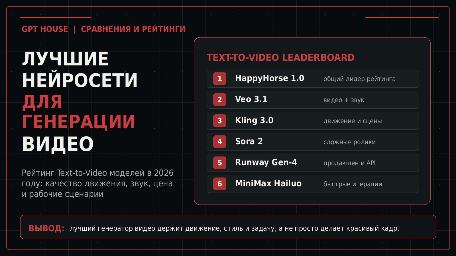 Обложка рейтинга нейросетей для генерации видео Text-to-Video в 2026 году
