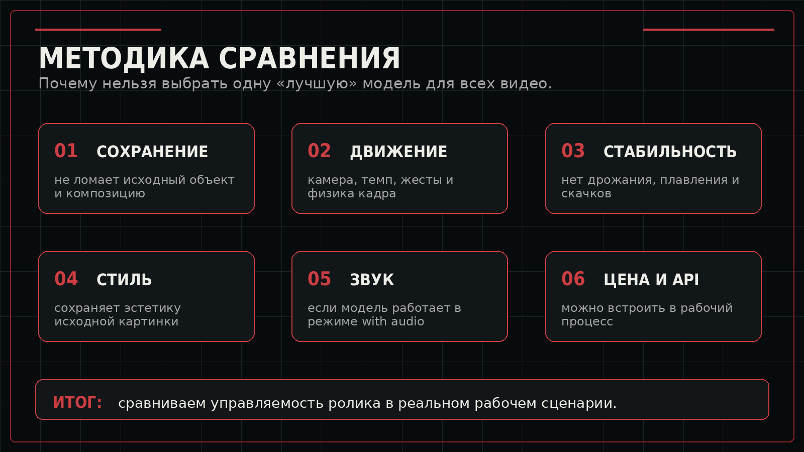 Методика сравнения Image-to-Video моделей по шести критериям