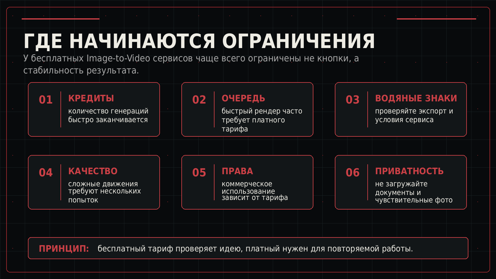 Инфографика с ограничениями бесплатных AI-video сервисов