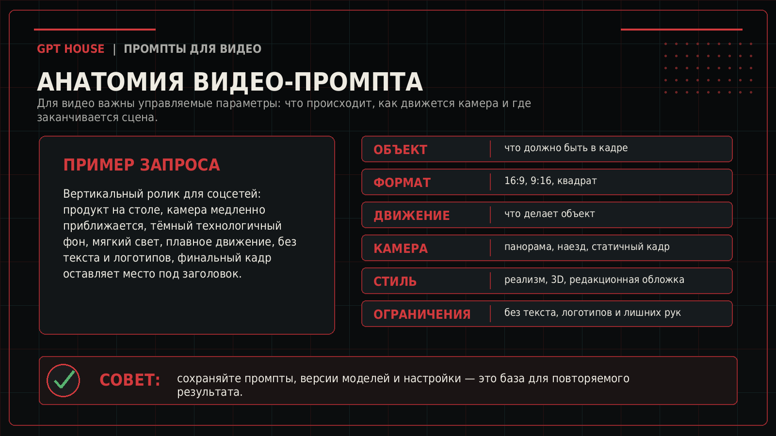 Инфографика с анатомией промпта для генерации видео нейросетью