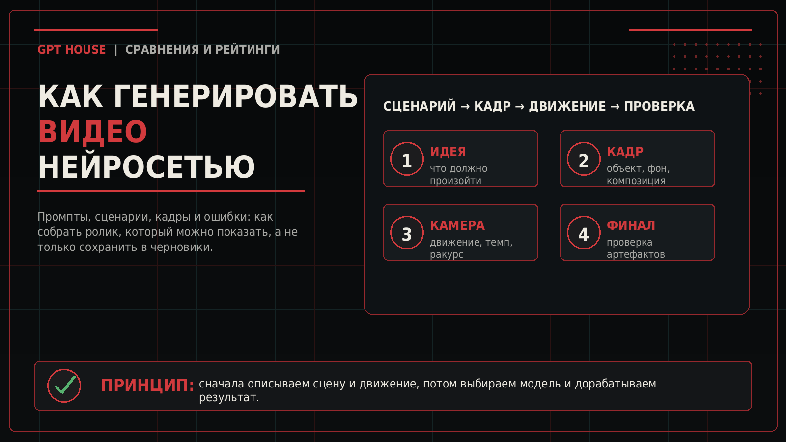 Обложка статьи о генерации видео нейросетью, промптах, сценариях и проверке результата