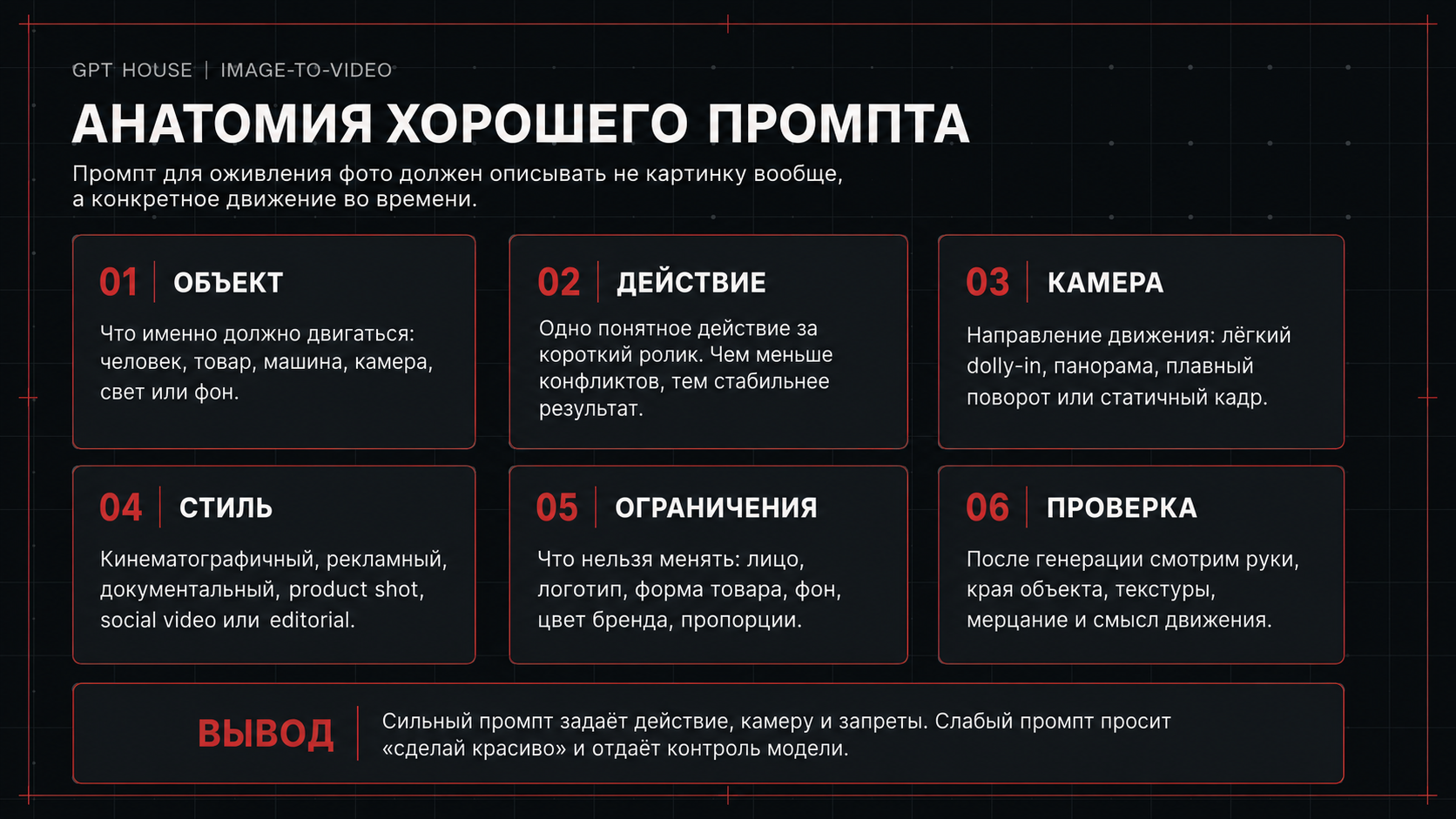 Инфографика с анатомией промпта для оживления фото