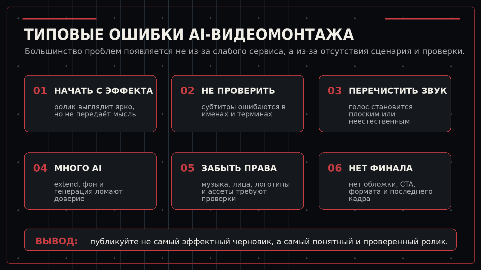 Инфографика о типичных ошибках AI-видеомонтажа