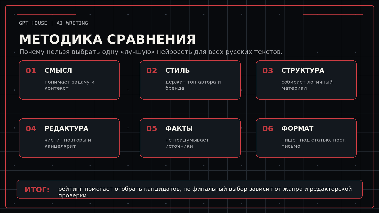 Методика сравнения нейросетей для русскоязычных текстов