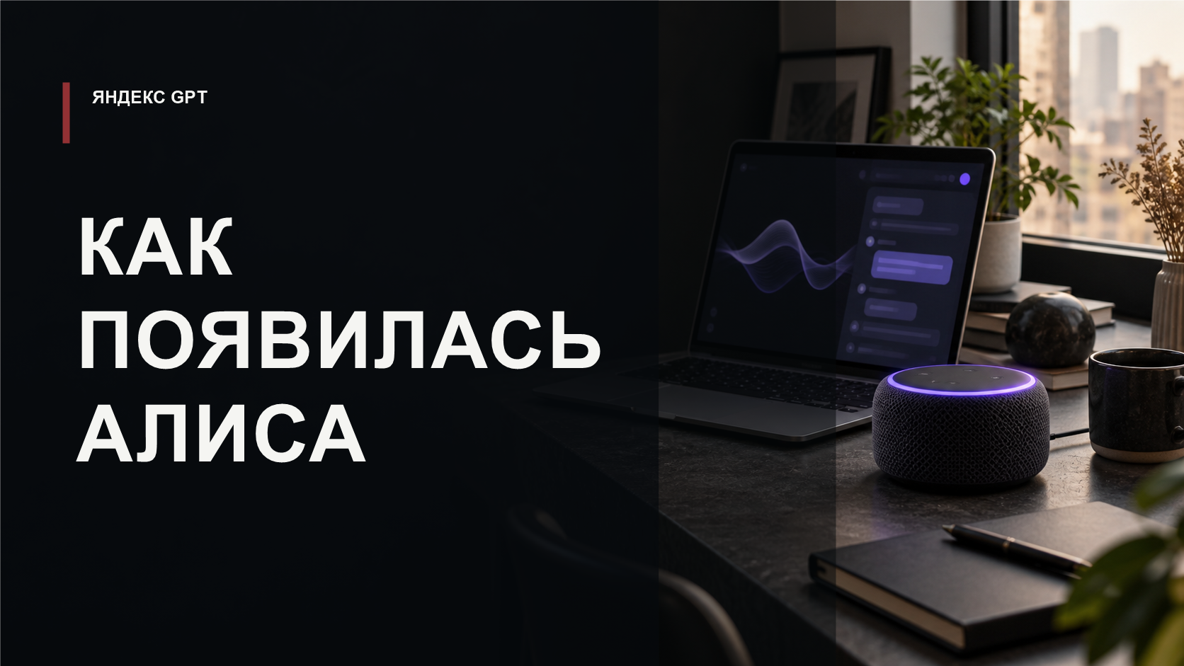 История Алисы и Яндекс GPT: колонка и ноутбук в редакционной иллюстрации
