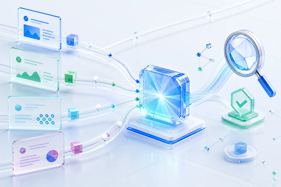Визуальная метафора ответа AI, собранного из проверяемых источников